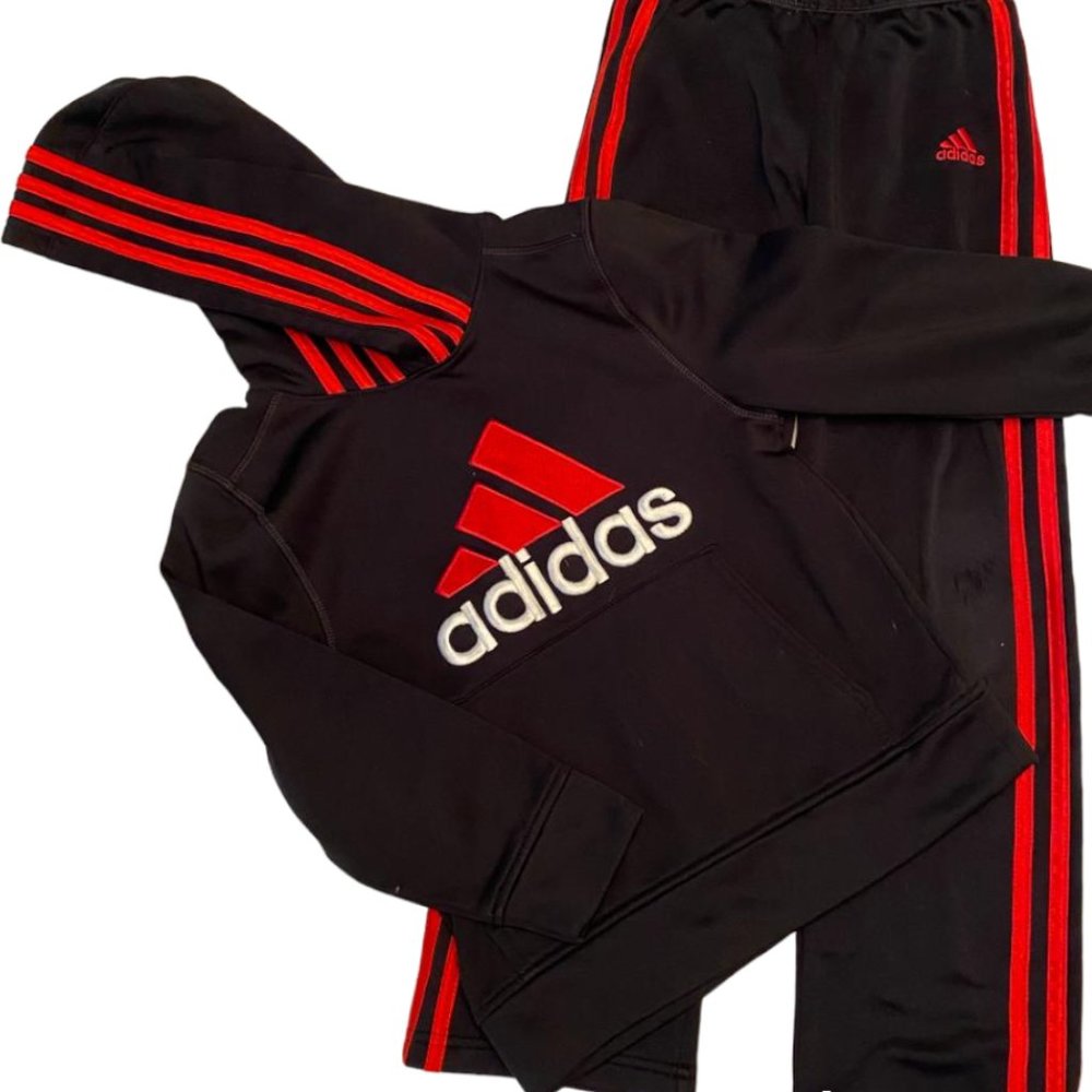 ADIDAS TRACK SUIT w/ HOODIE / Size: 6 / Color: Black w/Red Stripes